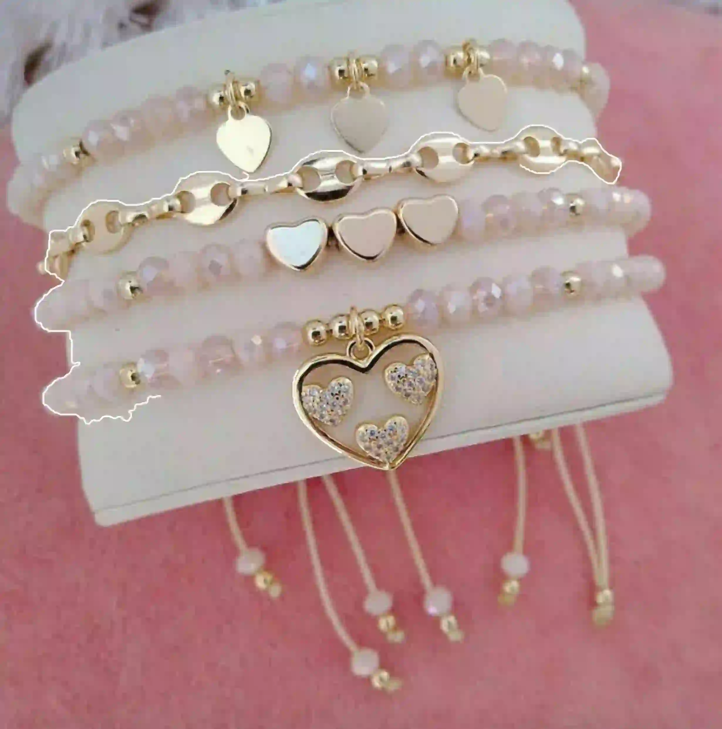 Pink Crystal Heart Bracelet Set
