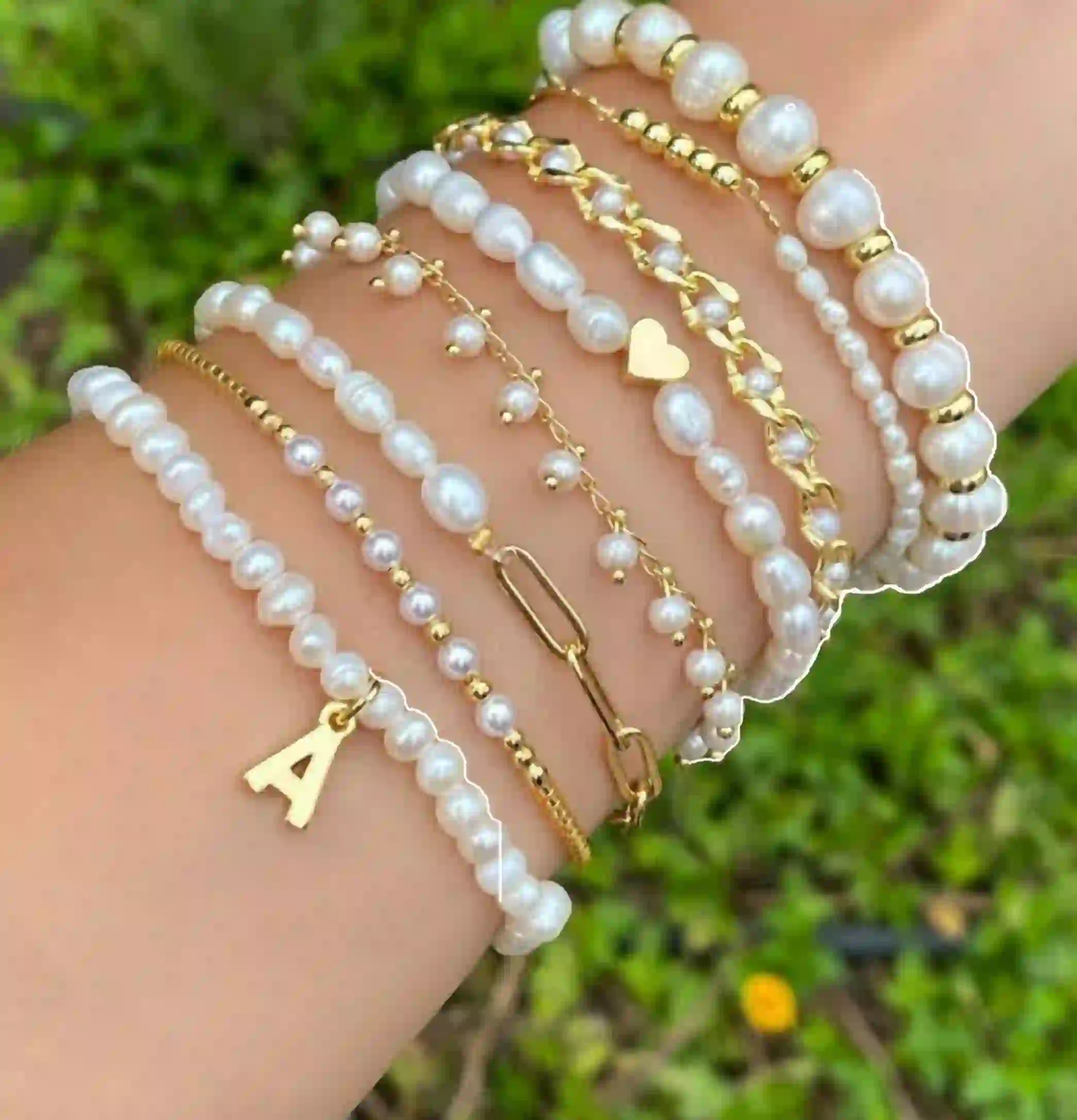 Pearl & Gold Initial Bracelet Set